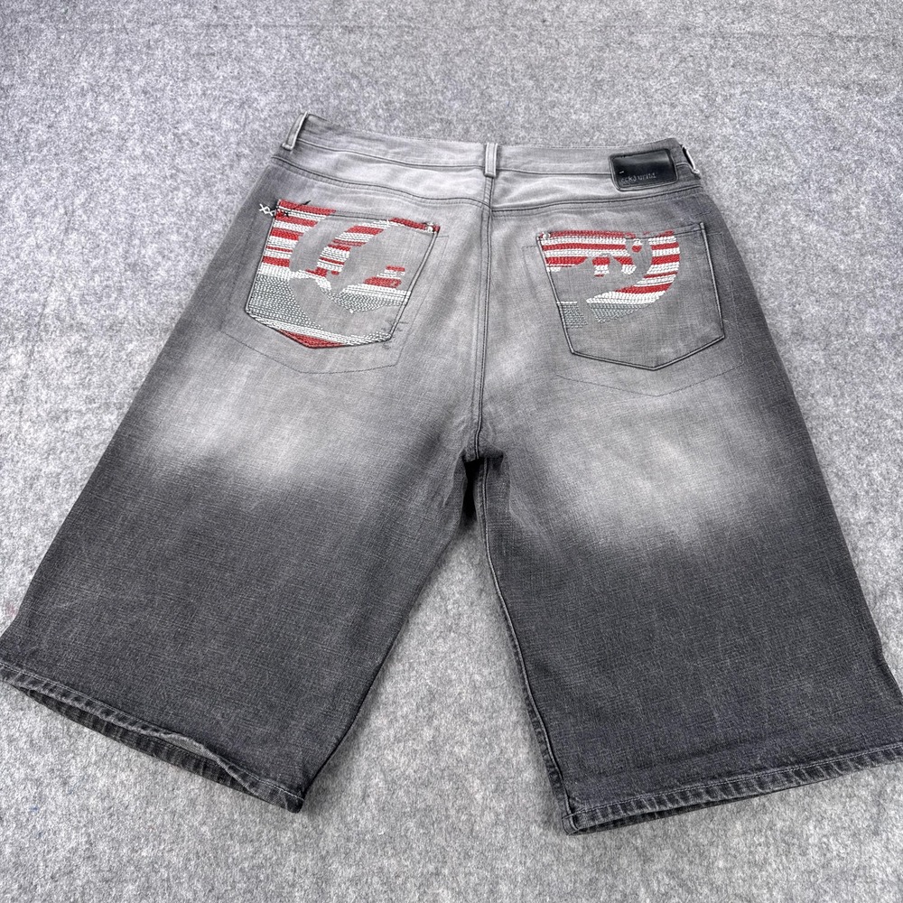 Ecko Unltd Shorts Mens 38 Gray Black Baggy Fit Denim Jorts Rhinestone Rhino Logo